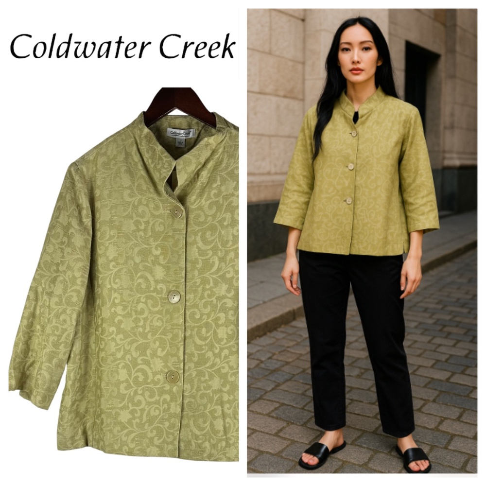 New Coldwater Creek Jacket Blazer Sz Large 12 14 Green Damask Floral Elegant